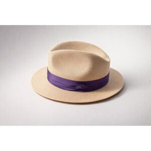 Pappagallo Vintage 60's Straw Fedora Hat Purple Ribbon Retro Chic Preppy